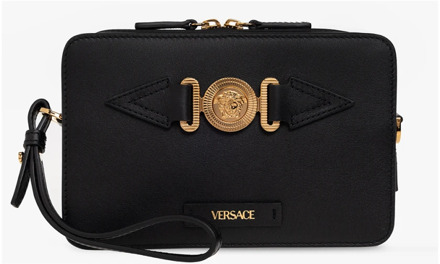 Versace Leren schoudertas met logo Versace , Black , Heren - ONE Size