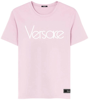 Versace Logo Print Crew Neck T-shirts en Polos Versace , Pink , Dames - S,Xs,2Xs