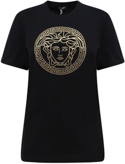 Versace Logo Print Katoenen T-Shirt Versace , Black , Dames - S,Xs,2Xs