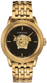 Versace Luxe Goud Stalen Horloge Zwarte Wijzerplaat Versace , Yellow , Heren - ONE Size