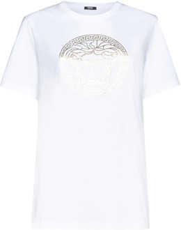 Versace Luxe Medusa Head T-shirt Wit Goud Versace , White , Dames - M,S,Xs,2Xs