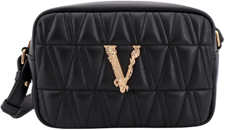 Versace Matelassé Leren Schoudertas met V Barocco Logo Versace , Black , Dames - ONE Size