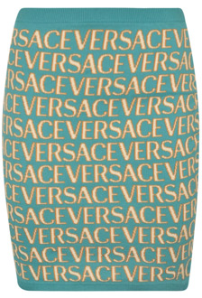 Versace Turquoise+Lichtblauwe Logo Print Rok Versace , Multicolor , Dames - XS