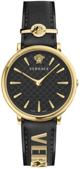 Versace V-Circle Leren Horloge Zwart Goud Versace , Black , Dames - ONE Size
