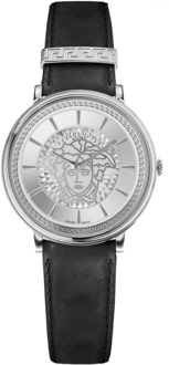 Versace V Circle Zwart Leren Horloge Versace , Gray , Dames - ONE Size
