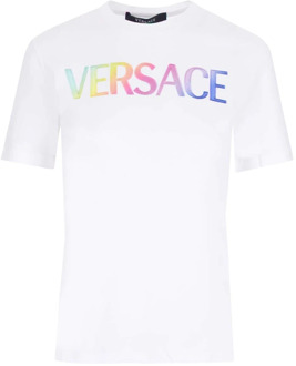 Versace Wit Katoenen Logo T-Shirt Versace , White , Dames - Xs,2Xs