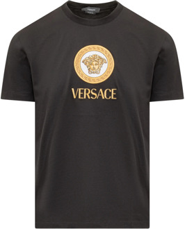 Versace Zwart Crew Neck T-shirt met Geborduurd Medusa Logo Versace , Black , Heren - S