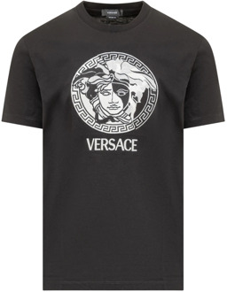 Versace Zwart Crew Neck T-shirt met Geborduurd Medusa Logo Versace , Black , Heren