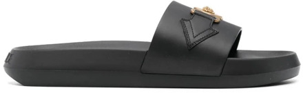 Versace Zwart Goud Slides Vitello Versace , Black , Heren - 44 Eu,42 Eu,41 Eu,45 Eu,40 Eu,43 EU