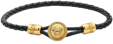 Versace Zwart Leren Armband met Medusa Detail Versace , Black , Heren - L,M