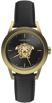 Versace Zwart Leren Quartz Horloge Versace , Yellow , Heren - ONE Size