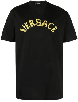 Versace Zwarte T-shirts en Polos met Geborduurd Logo Versace , Black , Heren - Xl,L,M,S