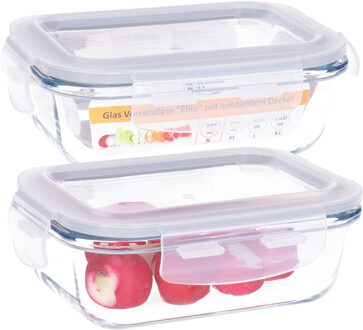 Vershoudbakje/lunchbox - 2x - luchtdicht - met clips - glas - 15 x 11 cm - 370 ml