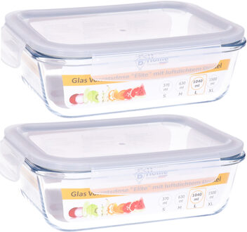 Vershoudbakje/lunchbox - 2x - luchtdicht - met clips - glas - 21 x 16 cm - 1040 ml