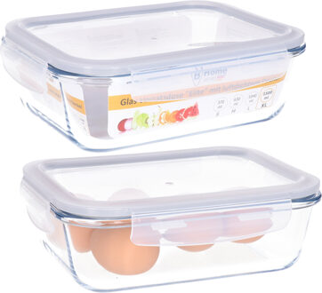 Vershoudbakje/lunchbox - 2x - luchtdicht - met clips - glas - 23 x 17 cm - 1500 ml