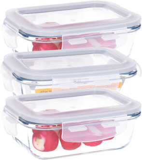 Vershoudbakje/lunchbox - 3x - luchtdicht - met clips - glas - 15 x 11 cm - 370 ml
