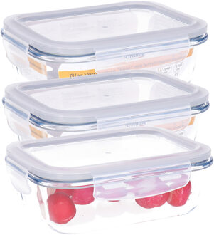 Vershoudbakje/lunchbox - 3x - luchtdicht - met clips - glas - 17 x 13 cm - 630ml