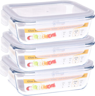 Vershoudbakje/lunchbox - 3x - luchtdicht - met clips - glas - 21 x 16 cm - 1040 ml