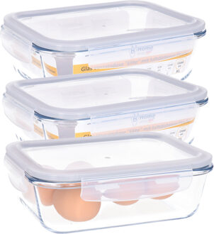 Vershoudbakje/lunchbox - 3x - luchtdicht - met clips - glas - 23 x 17 cm - 1500 ml