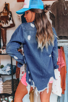 Versleten Denim Jacket met Rafelige Zoom Middelblauw