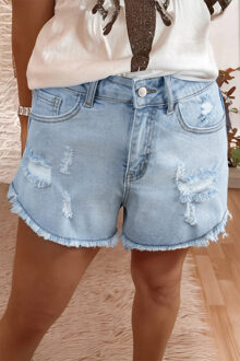 Versleten Denim Shorts Met Draagrand Lichtgrijs