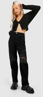 Versleten Gescheurde Jeans Met Rechte Pijpen En Hoge Taille, Black - 34