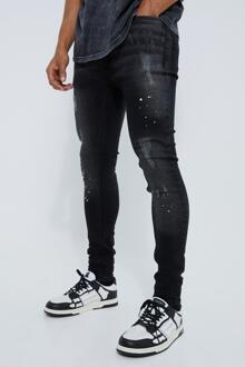 Versleten Super Skinny Jeans Met Verfspetters, Washed Black - 32R