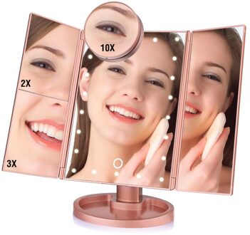 Verstelbare 1X 10X Vergrootglas Led Licht Make-Up Spiegel Touch Screen Desktop Aanrecht Heldere Usb-kabel Batterij Gebruik Schoonheid Spiegel 3 Folding roos goud