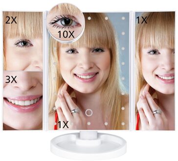 Verstelbare 1X 10X Vergrootglas Led Licht Make-Up Spiegel Touch Screen Desktop Aanrecht Heldere Usb-kabel Batterij Gebruik Schoonheid Spiegel 3 Folding wit