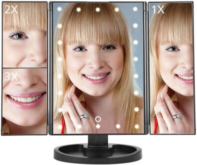 Verstelbare 1X 10X Vergrootglas Led Licht Make-Up Spiegel Touch Screen Desktop Aanrecht Heldere Usb-kabel Batterij Gebruik Schoonheid Spiegel 3 Folding zwart