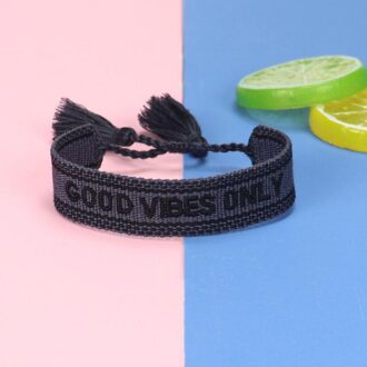 Verstelbare Stof Gevlochten Armband-Borduren Touw Kwastje Vriendschap Armbanden, Vintage Bohemen Handgemaakte Sieraden, Voor Vrouwen zwart