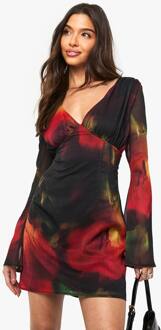 Vervaagde Bloemenprint Chiffon Minijurk Met Diepe V-Hals, Red - 38