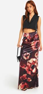 Vervaagde Bloemenprint Satijn Schuine Maxi Rok, Dark Mauve - 34