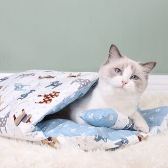 Verwijderbare Hond Kat Bed Slaapzak Winter Warm Huisdier Mooie Opvouwbare Kennel Nest Hond Huis Kat Mat Kitten Bedden Blauw / L