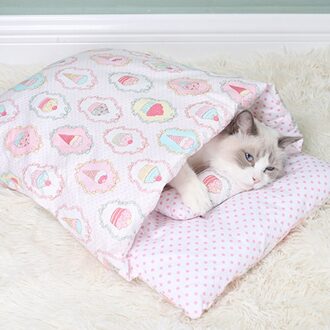Verwijderbare Hond Kat Bed Slaapzak Winter Warm Huisdier Mooie Opvouwbare Kennel Nest Hond Huis Kat Mat Kitten Bedden Roze / L