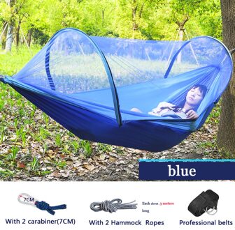 Verwijderbare Outdoor Camping Hangmat Met Klamboe 1-2 Persoon Parachute Tuin Swing Opknoping Stoel Dubbele Slapen Bed Draagbare blauw belt