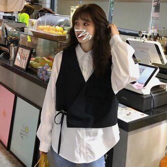 Vest Vrouwen Onregelmatige V-hals Tailleband Loose Tie Vest Top Femme Veste VT004 wit blouse