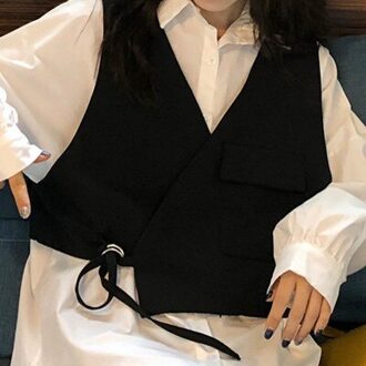 Vest Vrouwen Onregelmatige V-hals Tailleband Loose Tie Vest Top Femme Veste VT004 zwart vest