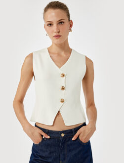 VESTEN V-hals Mouwloze Gebreide Yelek met Gouden Knoopsluiting Ecru