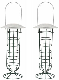 Vetbollensilo - Set van 2x stuks - groen - metaal - 12 x 27 cm - vogel voedersilo voor vetbollen