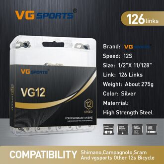 Vg Sport 12 Speed Mtb Racefiets Ketting Zilver 12 S 12 Speed Ketting 116L/126L Systeem Connector Links voor Fiets Onderdelen 12 Speed 126link