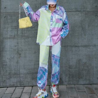 Vgh Casual Hit Kleur Shirt Voor Vrouwen Revers Lange Mouwen Patchwork Print Koreaanse Losse Blouse Vrouwelijke Lente Mode Kleding