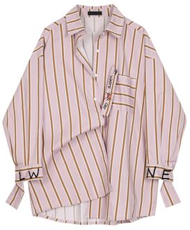 Vgh Gestreepte Patchwork Borduurwerk Brief Blouse Vrouwelijke Revers Lange Mouwen Casual Koreaanse Shirt Voor Vrouwen Kleding XS