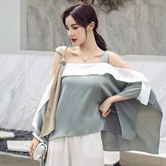 Vgh Losse Elegante Patchwork Ruche Blouse Voor Vrouwen Vierkante Kraag Mouwloze Hit Kleur Casual Shirt Vrouwelijke Mode Kleding