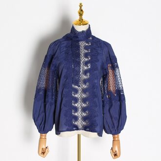 Vgh Patchwork Kant Elegante Blouse Voor Vrouwen Lantaarn Mouw Coltrui Perspectief Shirts Blouses Vrouwelijke Mode Tij paars / M