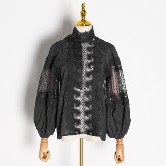 Vgh Patchwork Kant Elegante Blouse Voor Vrouwen Lantaarn Mouw Coltrui Perspectief Shirts Blouses Vrouwelijke Mode Tij zwart / L