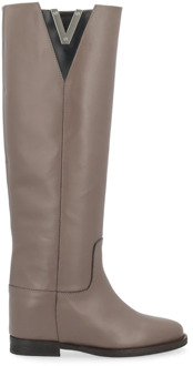 Via Roma 15 Taupe Leren Hoge Laarzen met Zilveren V-Detail Via Roma 15 , Beige , Dames - 36 EU