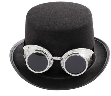 Victoriaanse Steampunk Gothic Top Hoed Met Afneembare Bril Bowler Jazz Cap Halloween Cosplay Carnaval Kostuum Accessoire Zilver