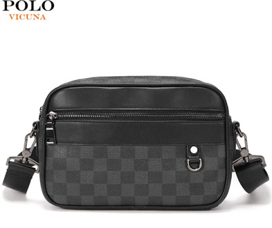 VICUNA POLO Brand Leather Messenger Bag For Men Black Grid Design Casual Men's Bag Travel Sling Shoulder Bags Mens Satchel Bag