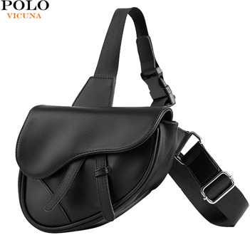 VICUNA POLO Solid Black Leather Unisex Saddle bag For Men Fashion Mens Messenger Bags Sling Cross Body Shoulder Bags